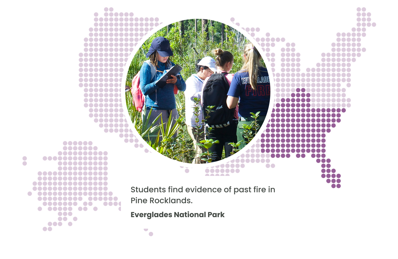 A map of the United States created from small purple dots. States in the southeast are shaded a darker purple. Over the map, there is a photo of students taking notes in the woods with a firefighter with the caption "Students find evidence of past fire in Pine Rocklands at Everglades National Park."