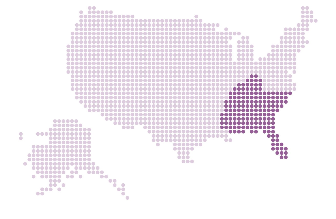 Map of the United States created by small purple dots. States in the southeastern part of the United States are shaded in a darker purple to represent region 4.